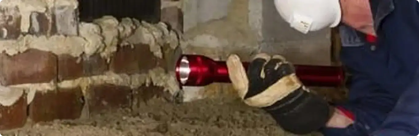 Pest control technician inspecting a crawl space for ant activity in Greenwich, KS