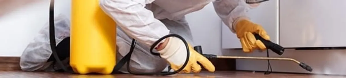 Roach exterminator treating cracks and crevices along kitchen baseboards in Wichita, KS